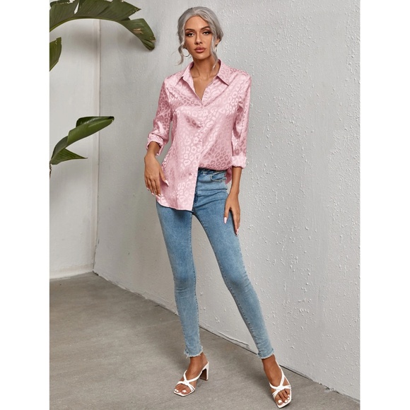 Leopard Print Satin Pink Button Down Long Sleeve Shirt - Picture 4 of 6